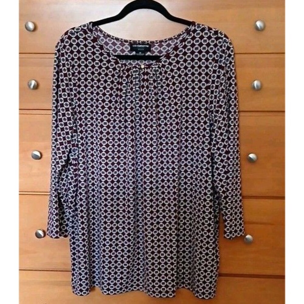 Liz Claiborne Womens 1X Geometric Burgundy White 3/4 Sleeve Stretch Knit Blouse